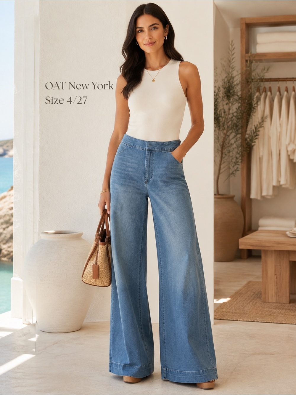 OAT New York High Rise Wide Leg Trouser Jeans Size 4/27 Medium Wash